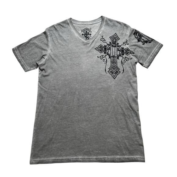 Y2K Rebel Saints Shirt Mens Medium Affliction Biker Angel Wings Skull Grunge - Picture 2 of 11